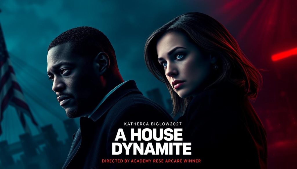 A House of Dynamite movie poster showing Idris Elba and Rebecca Ferguson in a tense political thriller about a potential nuclear crisis
