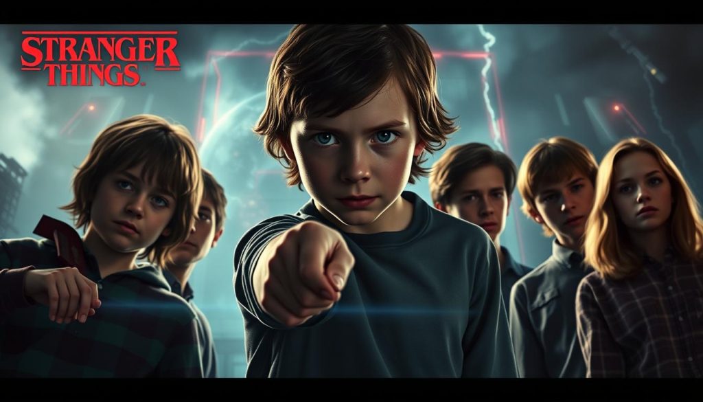 Artistic rendering of Stranger Things cast with Netflix sci-fi series streaming charts integrated into the design