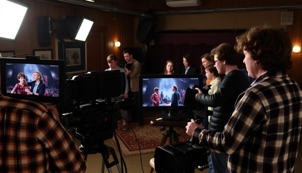 Behind-the-scenes image of Stranger Things final season filming showing Netflix sci-fi series streaming charts monitor in background