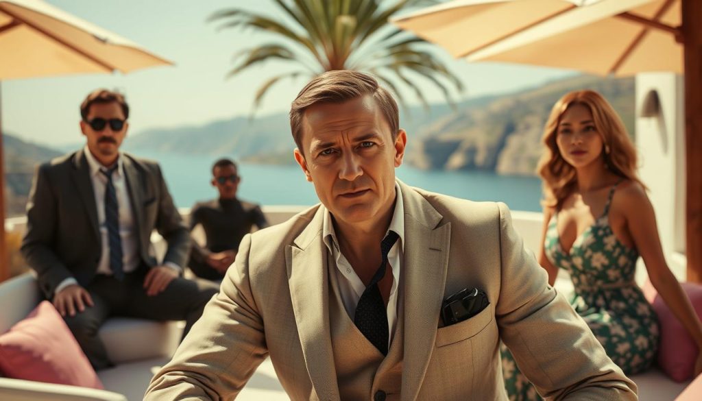 Daniel Craig as Benoit Blanc with ensemble cast in Glass Onion Netflix Original Movie