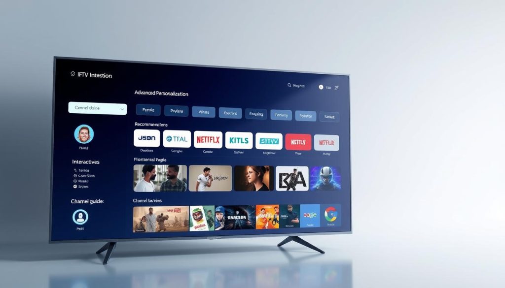 Futuristic IPTV interface showing personalized content recommendations