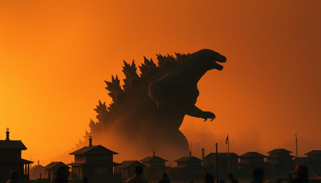 Godzilla Minus One movie scene showing the massive monster devastating post-war Japan with impressive visual effects