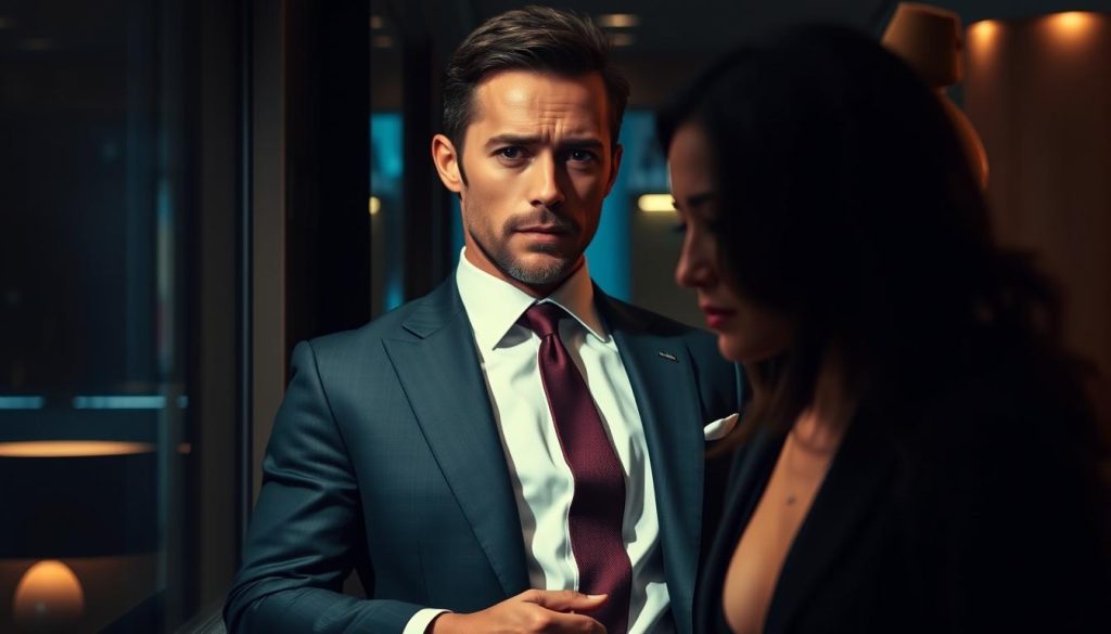 Hit Man movie scene featuring Glen Powell in character as the fake hitman with Adria Arjona in this dark comedy thriller