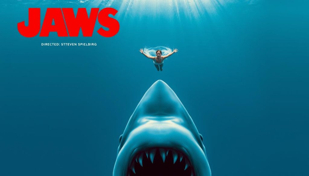 Iconic Jaws movie poster showing the massive shark approaching a swimmer from below in the classic Spielberg thriller