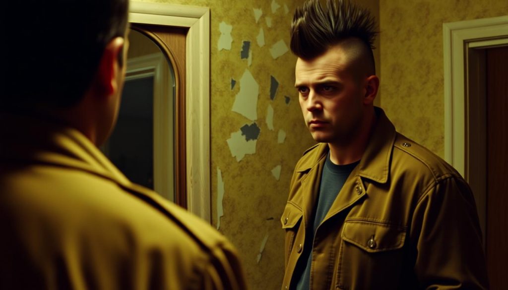 Iconic scene from Taxi Driver showing Robert De Niro as Travis Bickle in his famous 'You talkin' to me?' moment