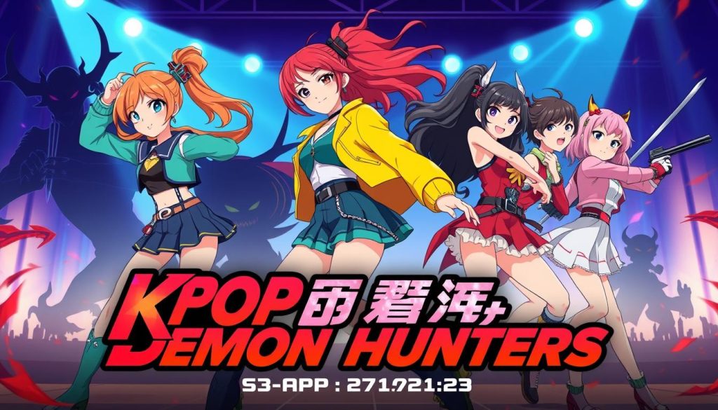 KPop Demon Hunters animated movie showing the girl group members battling supernatural forces while maintaining their pop star personas