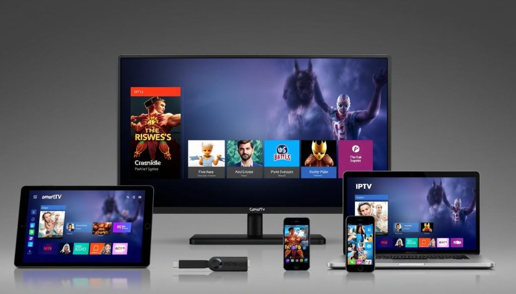 Multiple devices showing IPTV apps and interfaces demonstrating compatibility across platforms when choosing a reliable IPTV service in United States Multiple devices showing IPTV apps and interfaces demonstrating compatibility across platforms when choosing a reliable IPTV service in United States