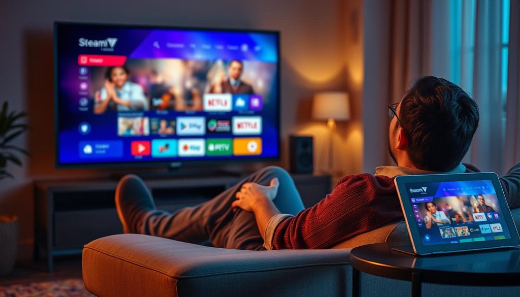 Person enjoying content on TV after choosing a reliable IPTV service in United States Person enjoying content on TV after choosing a reliable IPTV service in United States