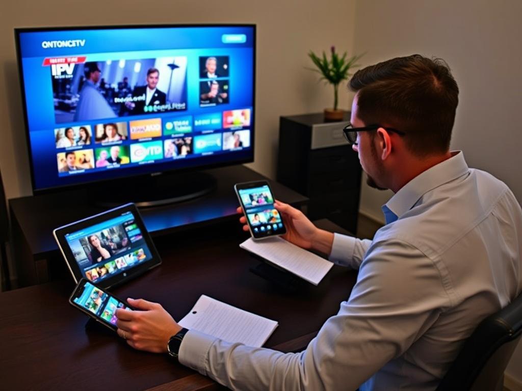 Person evaluating IPTV service on multiple devices