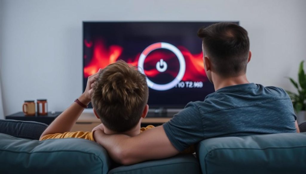 Person frustrated with IPTV buffering on a television showing the loading circle