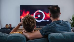 Person frustrated with IPTV buffering on a television showing the loading circle