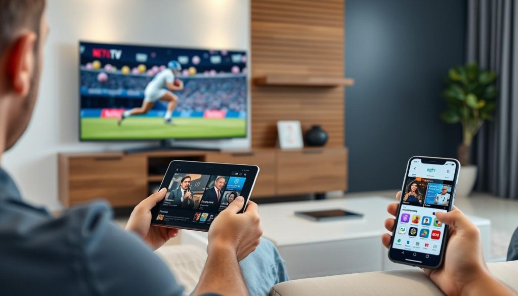 Person watching IPTV on multiple devices including smart TV, tablet, and smartphone