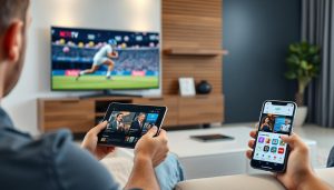 Person watching IPTV on multiple devices including smart TV, tablet, and smartphone