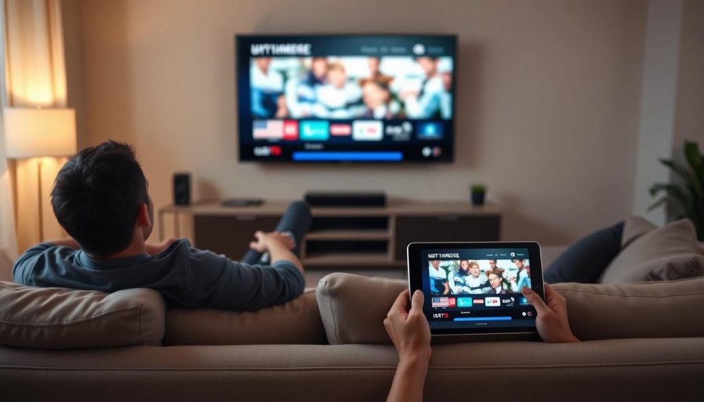 Person watching IPTV on multiple devices including smart TV, tablet and smartphone showing the best way to choose a reliable IPTV service in United States