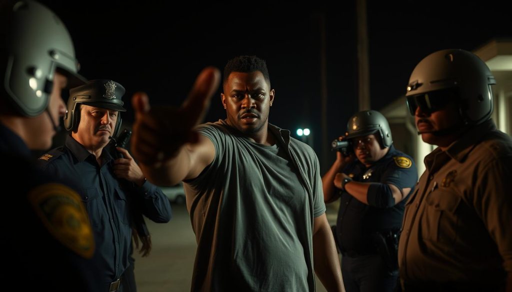 Rebel Ridge movie scene showing Aaron Pierre confronting corrupt small-town law enforcement in this tense action thriller