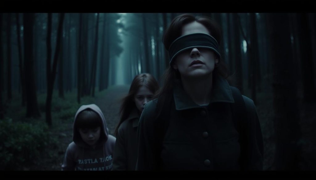 Sandra Bullock blindfolded in Bird Box Netflix Original Movie