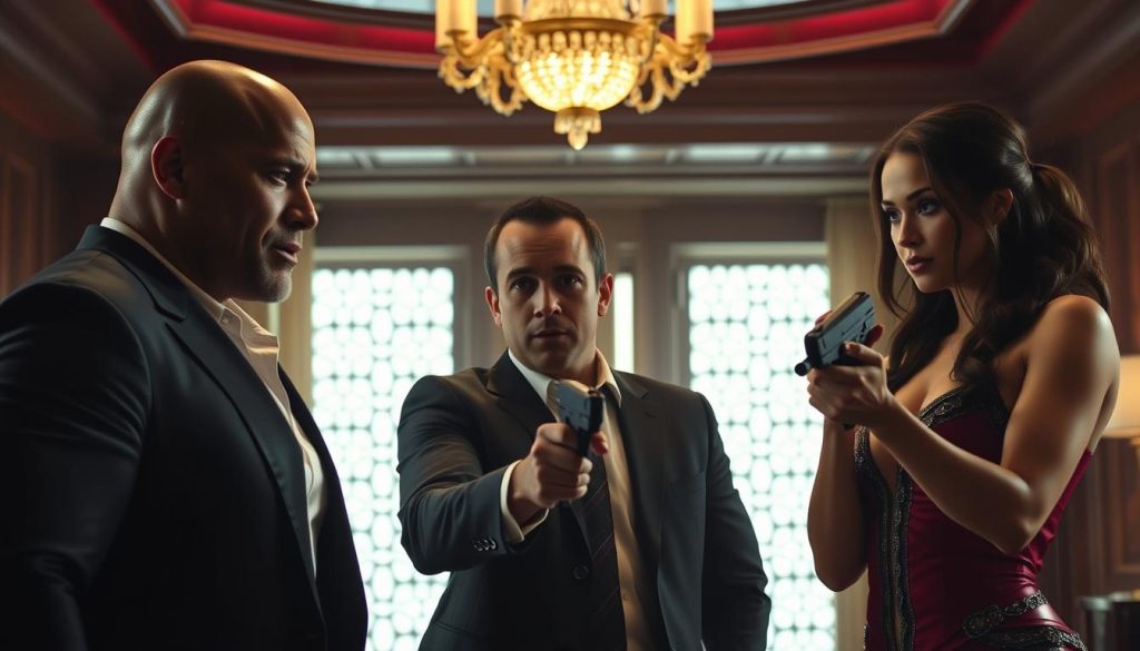 Scene from Red Notice Netflix Original Movie showing the three main stars