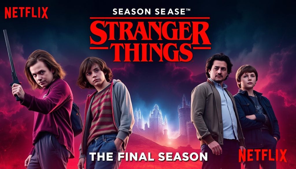 Stranger Things season 5 promotional poster showing the main cast with Netflix sci-fi series streaming charts overlay