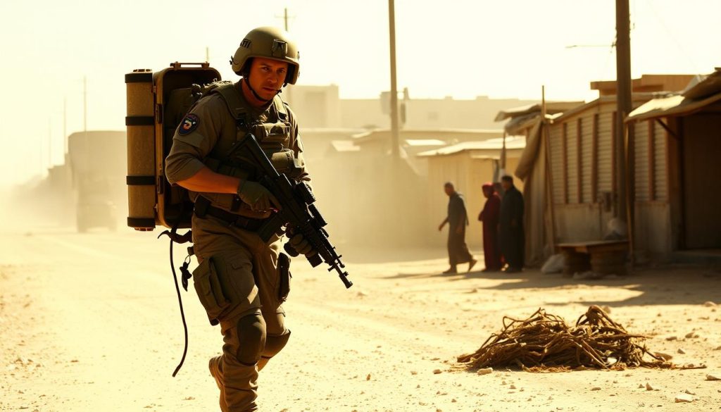 The Hurt Locker movie scene showing Jeremy Renner in the bomb disposal suit in this intense war drama directed by Kathryn Bigelow