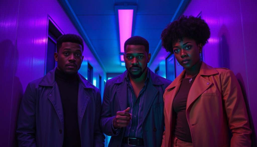 They Cloned Tyrone movie scene showing John Boyega, Jamie Foxx, and Teyonah Parris investigating a conspiracy in this sci-fi comedy thriller